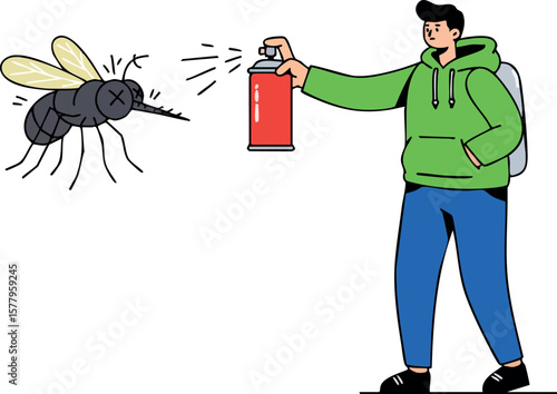 Man spraying insecticide at giant mosquito protecting against pests and bugs vector illustration