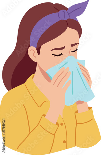 Woman sneezing into tissue vector illustration showing cold and allergy symptoms with purple headband and yellow shirt