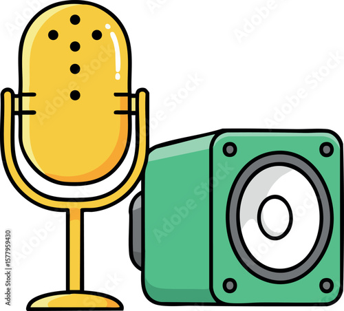 Yellow microphone and green speaker audio recording equipment vector illustration for podcast or music studio setup
