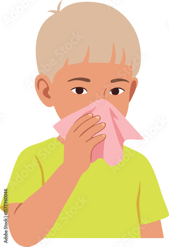 Child blowing nose with tissue vector illustration showing boy with cold or allergies in bright yellow shirt