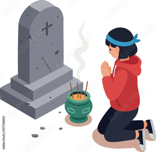 Person kneeling in prayer with incense at grave tombstone vector illustration in red hoodie and black pants
