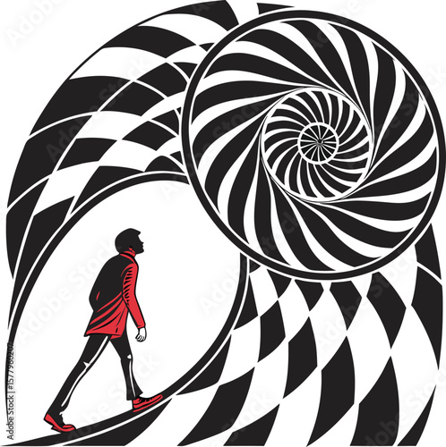 Black and white abstract background with circles, a silhouette vector illustration of a person dancing with fun and artistic design