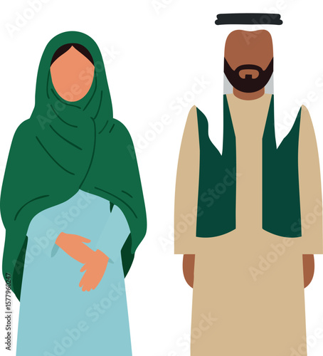 Middle Eastern couple wearing traditional clothing man with keffiyeh woman with hijab vector illustration