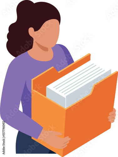 Woman holding large folder with documents in purple shirt and dark pants vector illustration