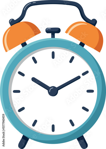 Retro style alarm clock with blue frame and orange bells vector illustration for time management and punctuality concepts