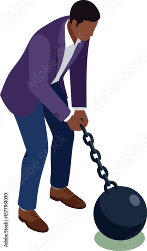Man in purple jacket holding heavy black ball and chain symbolizing burden or imprisonment vector illustration