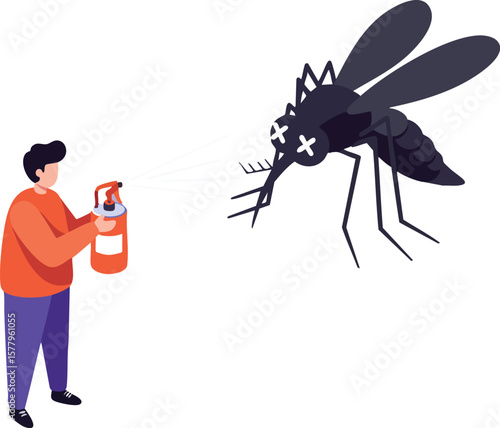 Man spraying insecticide at giant mosquito vector illustration on white background