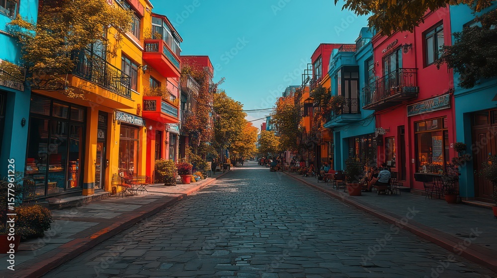 Fototapeta premium Colorful street with cobblestone pavement and buildings