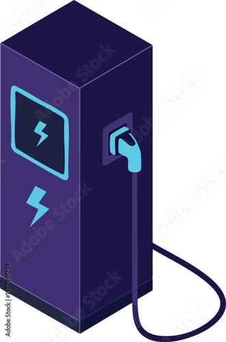 Electric car charging station with blue lightning bolt symbol and cable vector illustration in isometric style