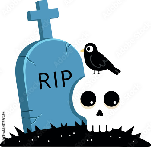 Gravestone with rip inscription skull and black bird on grass vector halloween theme design