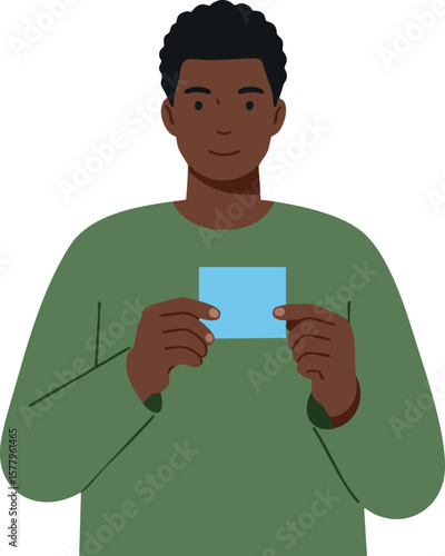Young man holding a blue card with both hands wearing green sweater simple modern vector illustration