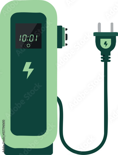 Electric vehicle charging station with digital display and power plug green technology concept vector illustration