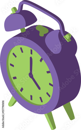 Purple and green vintage alarm clock vector with retro design and classic timekeeping style for decoration and reminders