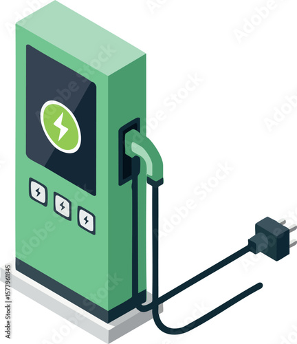 Electric vehicle charging station with green eco friendly design and plug for sustainable energy use vector illustration