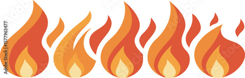Stylized row of five flames in warm orange and red colors isolated on a white background
