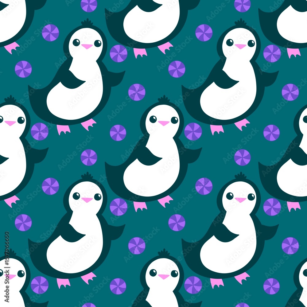 Fototapeta premium Christmas animals seamless penguin pattern for wrapping paper and fabrics