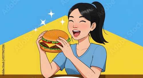 Wallpaper Mural Joyful Girl with Juicy Burger Cartoon - Delicious Meal Enjoyment, Tasty Food Concept, Young Woman's Happiness with Freshly Made Sandwich, Vector Illustration Torontodigital.ca
