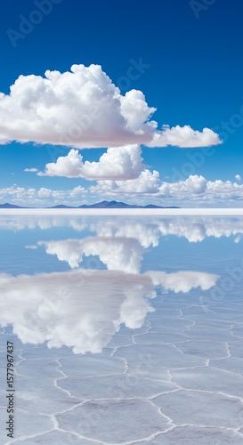 A scenic view of the salar de uyuni with fluffy clouds reflecting in the salt flats surface