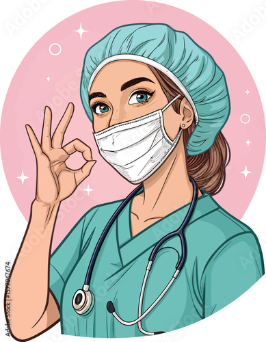 Stock illustration of a female doctor nurse wearing mask making ok sign in pop art style design