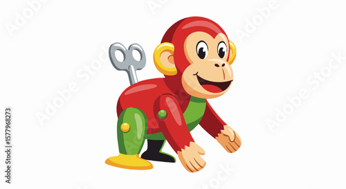"Flat vector of a vintage wind-up toy monkey, cartoon look, bold colors, walking pose, metallic key on the back, white background"generative ai
