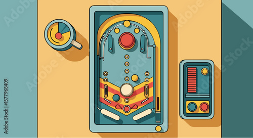 "Retro tabletop pinball toy vector, simplified controls and balls, top-down flat view, playful color palette"
generative ai
