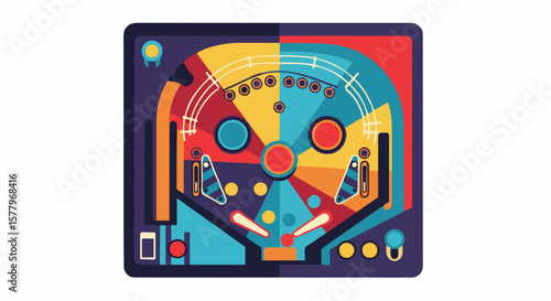 "Retro tabletop pinball toy vector, simplified controls and balls, top-down flat view, playful color palette"
generative ai