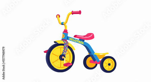 "Colorful Velotrol tricycle, 1980s Brazilian style, vector flat illustration, big front wheel, cute and nostalgic, white background"generative ai
