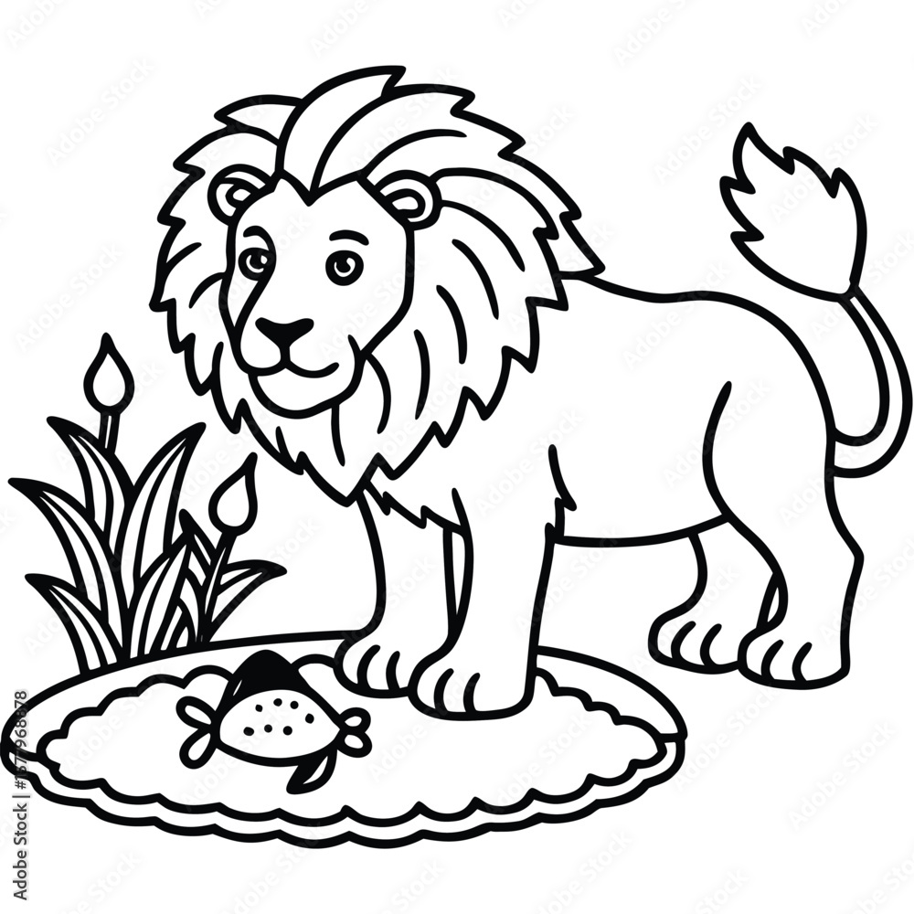 Obraz premium A lion in a garden with different activities kids coloring pages