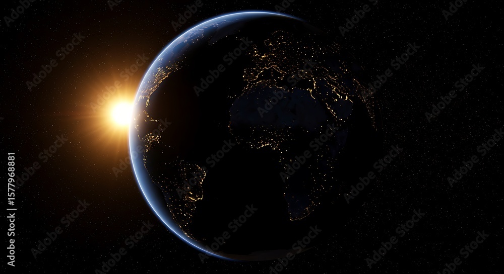 Obraz premium Earth view from space with city lights and sunrise over the horizon in a dark background