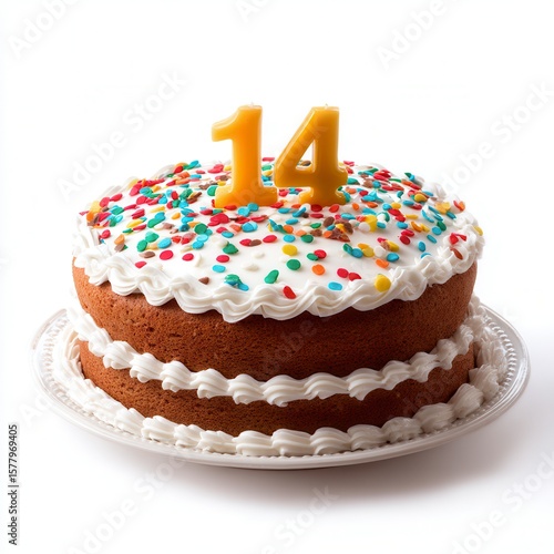 Festive 14th Birthday Celebration Cake with Yellow Candle Numbers, Colorful Sprinkles and White Frosting on Two-Layer Vanilla Sponge against White Background