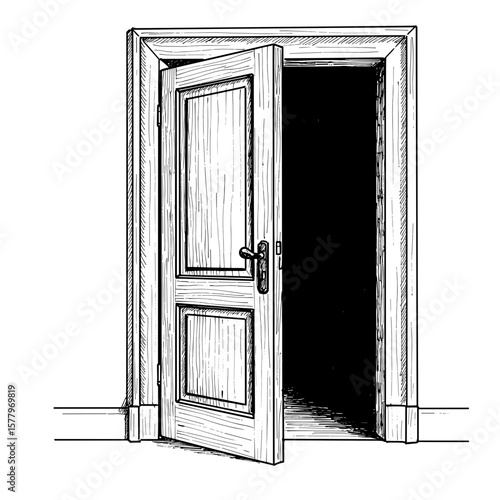Sketch of an open door symbolizing mystery, the unknown, and new opportunities. Black and white hand-drawn illustration door in room