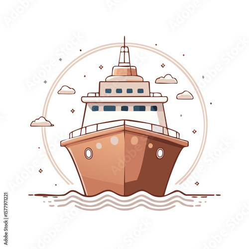 Cartoon cruise ship sailing through water with simple waves and clouds around it