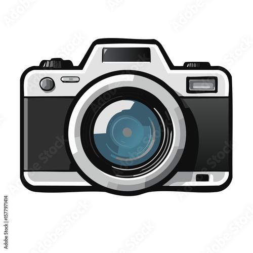 Black and white camera illustration with blue lens reflection, professional image capturing