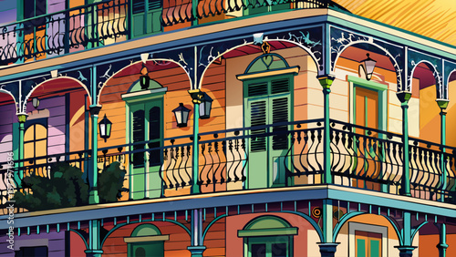 Balconies with intricate ironwork at a building in a street of the French Quarter, New Orleans architecture, Louisiana 