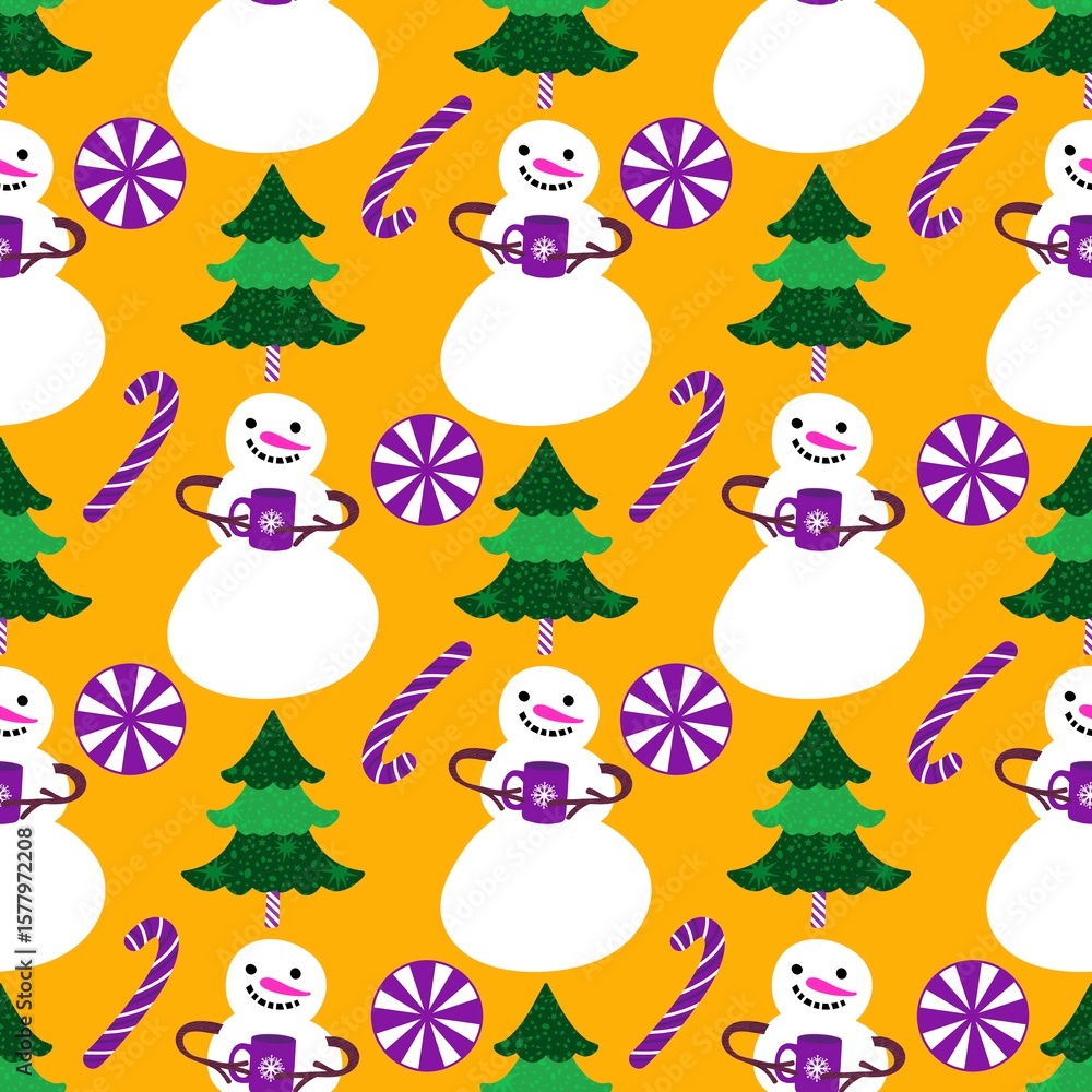 Fototapeta premium Christmas cartoon ice seamless snowman pattern for wrapping paper and fabrics