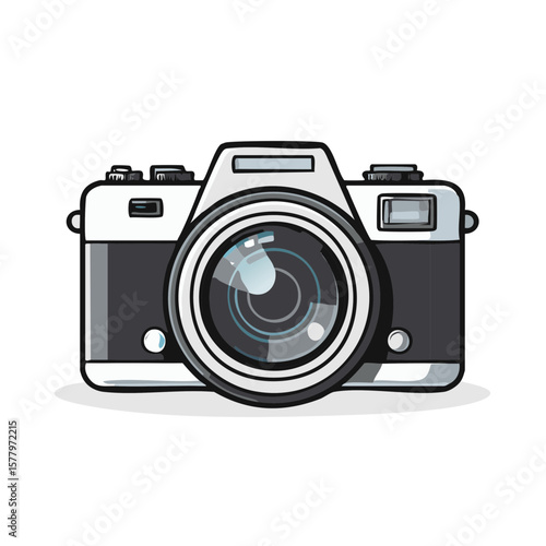 Illustration of a classic analog camera with a large lens, retro style design