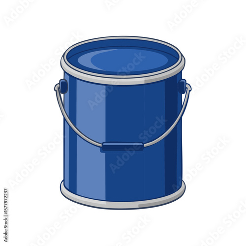 Illustration of a filled blue paint bucket with metal handle, isolated on white, for construction or home improvement projects.