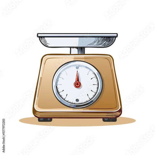 Analog Kitchen Scale Illustration with Red Needle Depicting Measurement and Stainless Steel Tray for Ingredients