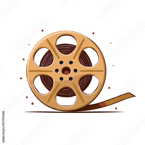 Film reel with winding tape for recording movies and audio in vintage style illustration