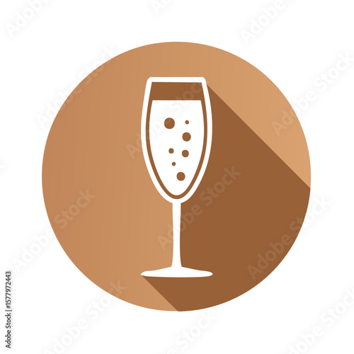 Champagne flute illustration with bubbles, celebration toast icon with long shadow, brown circle