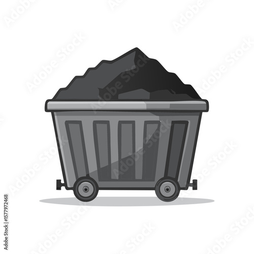 Mining cart filled with black coal, industrial material, heavy load transport on railroad, mineral extraction.