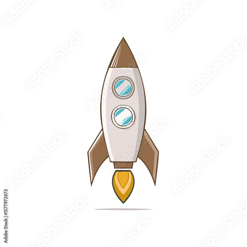 Illustration of a retro rocket ship with exhaust flames launching into space