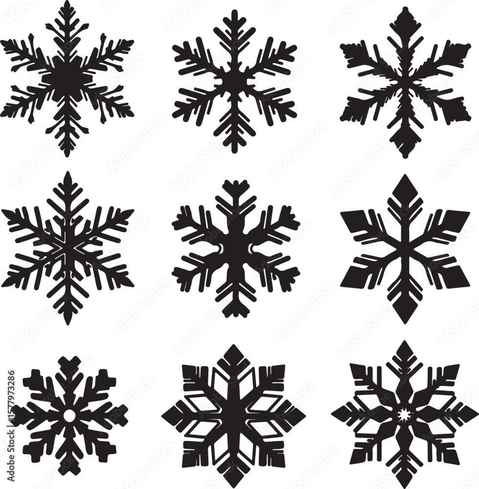Fototapeta premium A Variety of Black Snowflake Silhouettes for Winter Holiday Decoration and Design, Perfect for Christmas and Seasonal Celebrations