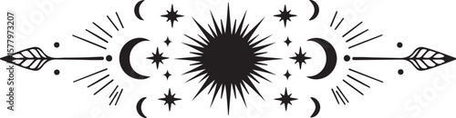 Celestial Eye Design with Sun, Moon, Stars, and Arrow Illustration in a Boho Occult Style Aesthetic