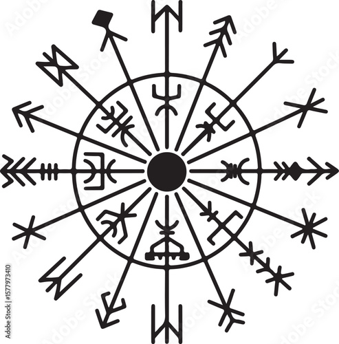 Aegishjalmur Icelandic Magical Stave of Protection Vector Illustration Featuring Runes and Arrows Emanating from a Central Point within a Circular Border