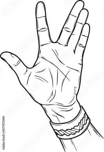 Live Long and Prosper Vulcan Hand Gesture Featuring a Stylish Armband, Depicted in a Detailed Black and White Drawing