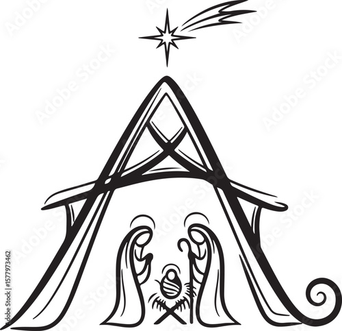 Stylized Nativity Scene Depicting Mary, Joseph, Baby Jesus, a Manger, and the Star of Bethlehem in a Black and White Illustration
