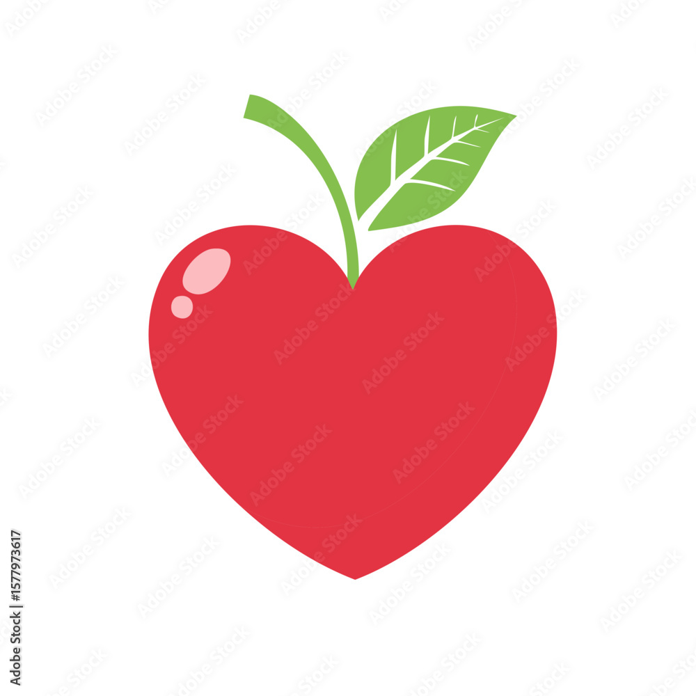 Fototapeta premium Heart shaped red apple with green leaf, healthy fruit, love and food concept, vector illustration.