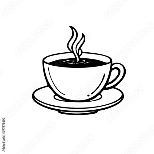 Simple sketch drawing style image of a cup of coffee with hot steam on a saucer, vector illustration