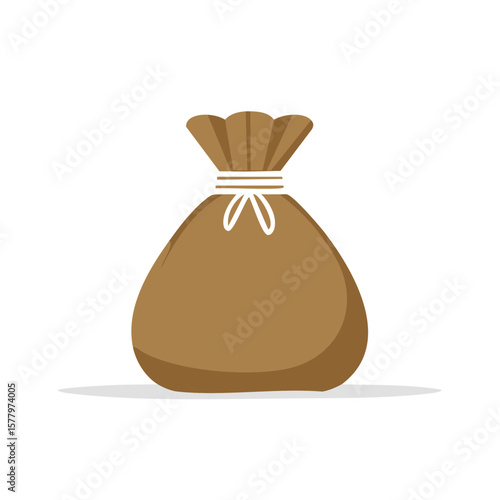 Brown Fabric Sack or Bag Secured with Cord Tie, Isolated Illustration on Plain Background